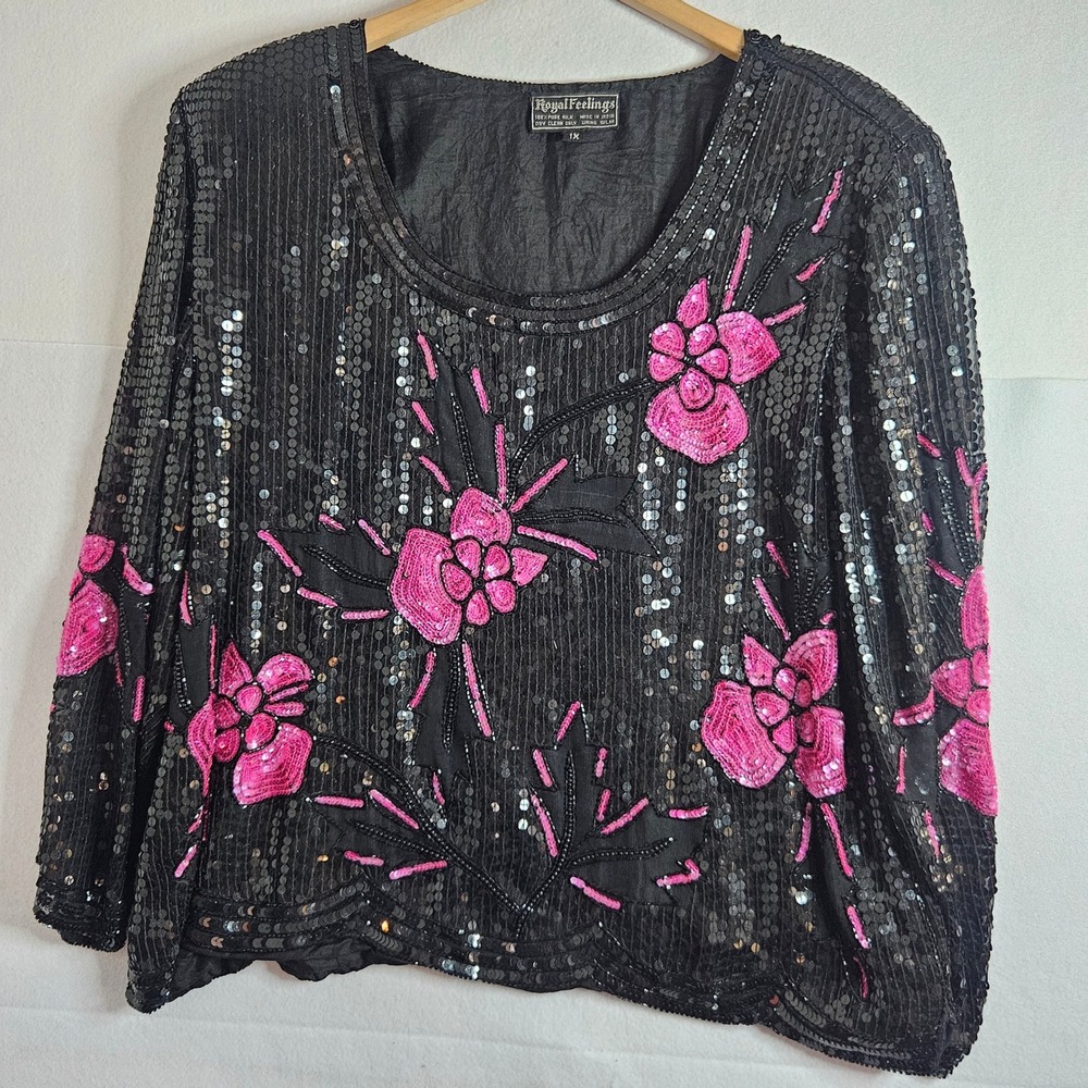 Royal‎ Feelings Vintage 100% Silk Sequin Beaded Floral Blouse Black Pink Plus 1X